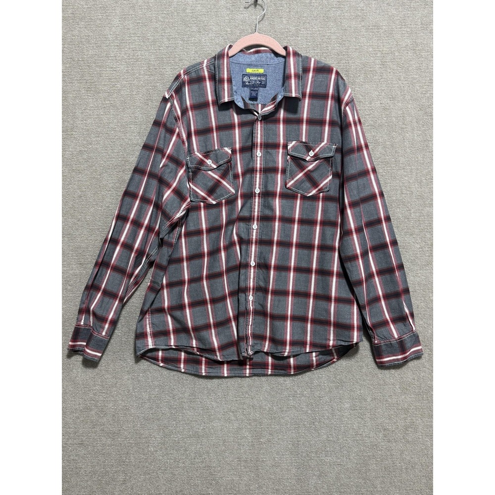American‎ Rag Shirt Mens 2XL Gray Red Plaid Long Sleeve Button Down Slim Fit